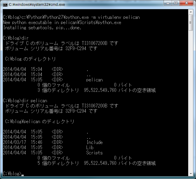 virtualenvの実行結果